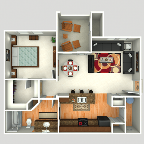 Floor plan for 1 bed, 1 bath, 725 sqft